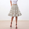 S254 Women faux suede perforated panel mesh combo sunburst pleated midi skirt
