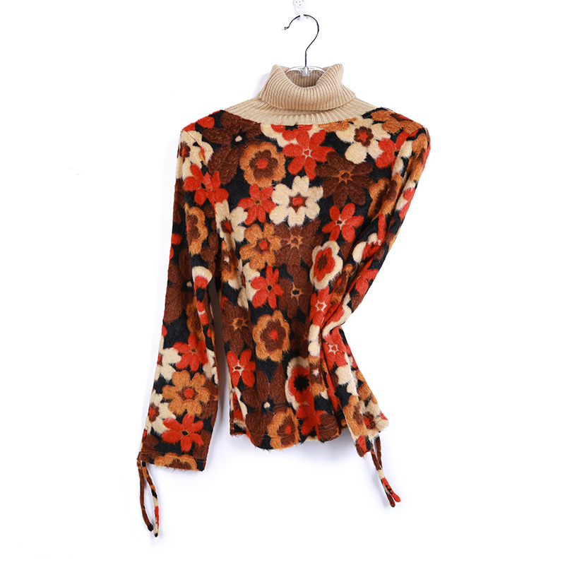 T246 Women Two-in-one flower jacquard-knit turtleneck long sleeves pullover tops