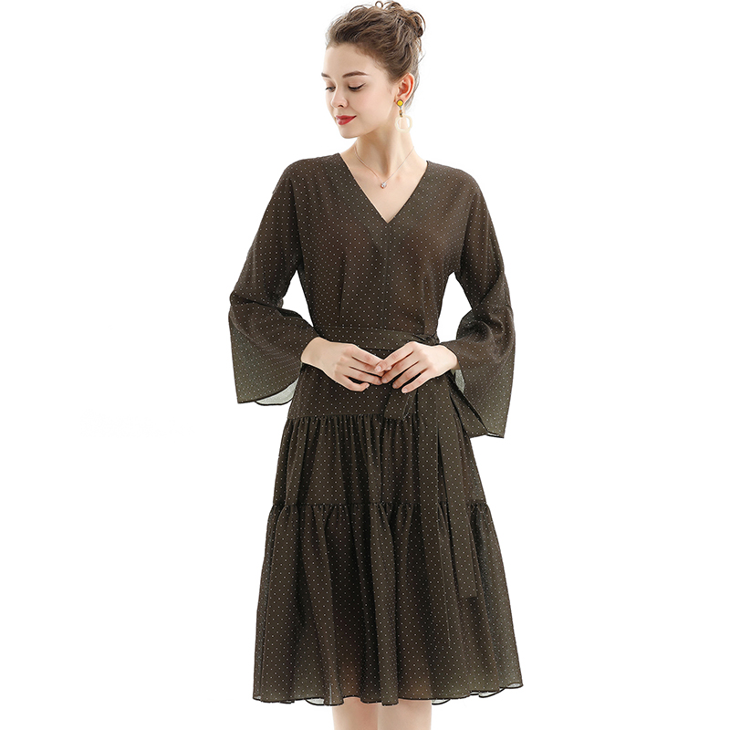D057-1 Women Polka dot print three-quarter sleeves tiered design midi dress