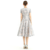 D062-7 Women Scroll leaf flower sequin embellished V neck cap sleeves flared midi evening dress