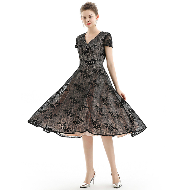 D062 Women Floral lace V neck cap sleeves flared midi evening dress