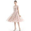 D063 Women 3D flower embroidered organza V neck cap sleeves flared midi evening dress