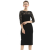 D072 Women Polyester knit scallop lace panel three-quarter sleeves fitted party midi dress