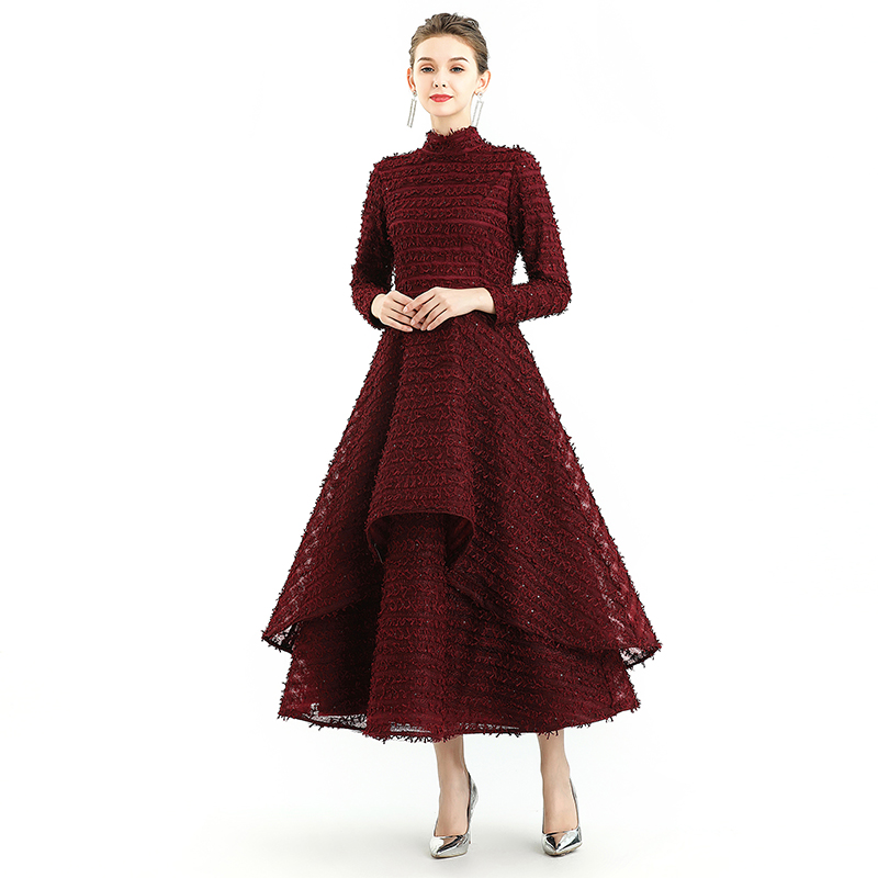 D120 Girls All-over embroidered ribbon detailing long sleeves evening midi gown