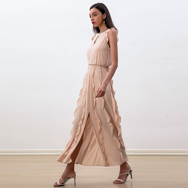 D229 Women solid heavy georgette sleeveless ruffled detail A-shape maxi party dress