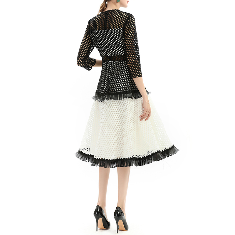 D052 Women Macramé lace three-quarter sleeves tiered design flared midi dress