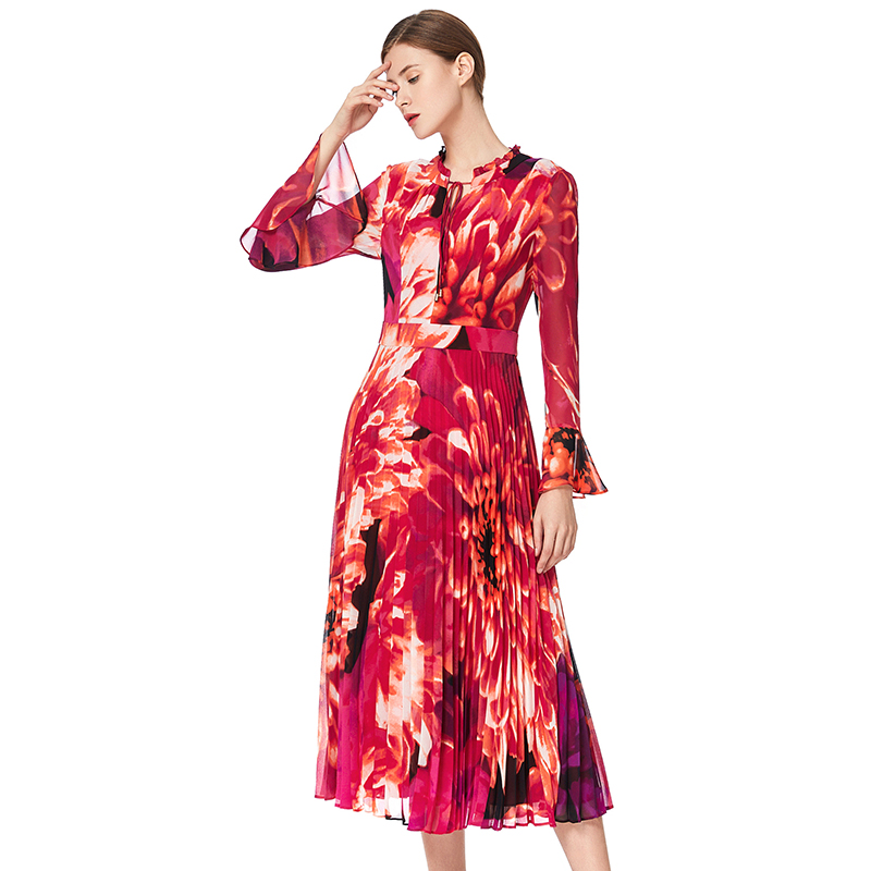 D036 Women flower print chiffon long sleeves pleated midi day dress