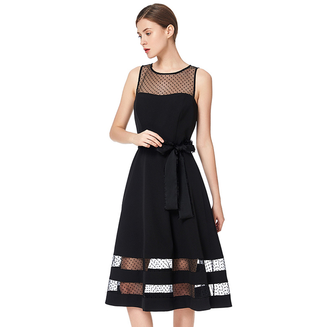 D031 Women solid sleeveless swiss dot tulle-panel flared midi party dress