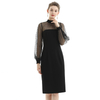 D030-1 Women Velvet mock neck long puff sleeves fitted midi party dress