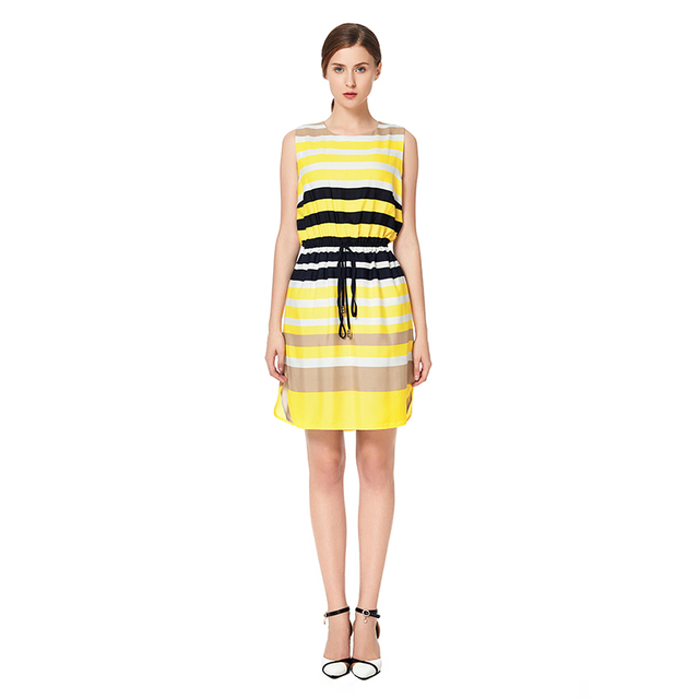 D039 Women Stripe print round neck sleeveless tie-waist straight-cut mini dress