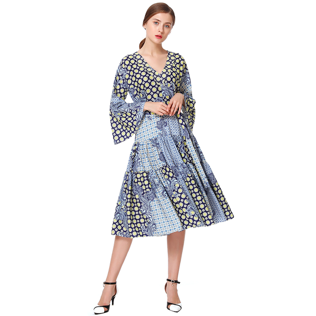 D051 Women Print polyester three-quarter sleeves tiered design midi dress