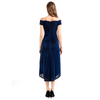 D021 Women Semi-sheer metallic knit off shoulder short sleeves asymmetric hem midi party dress
