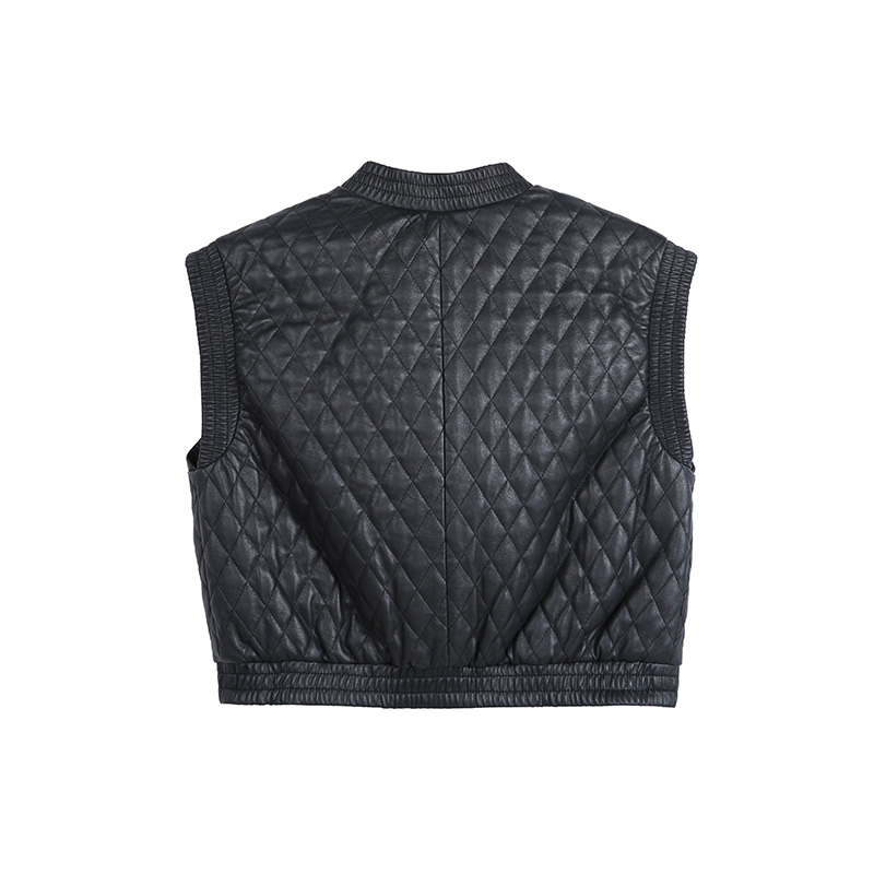 J252 Women faux leather diamond quilt cropped vest