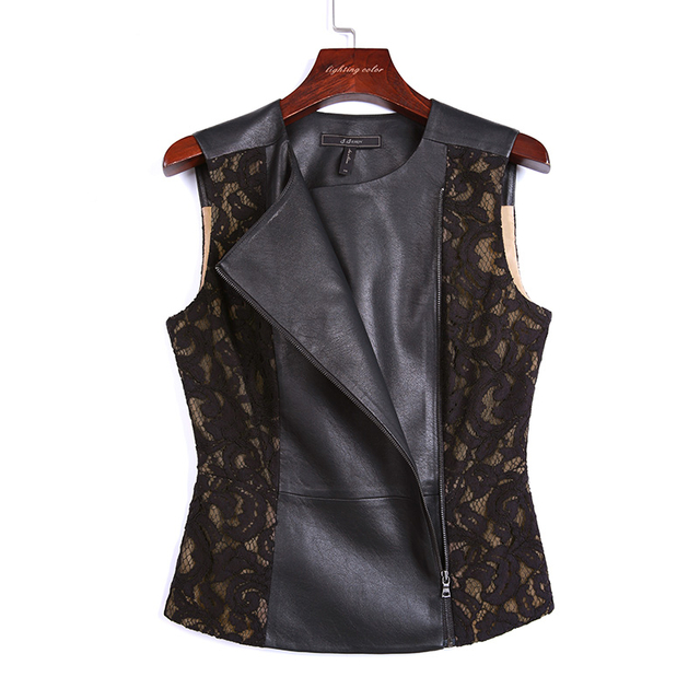 X209 Women faux leather lace combo peplum biker vest