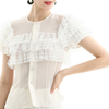 T066 Women Chiffon round neck short sleeve ruffled lace tiered blouse