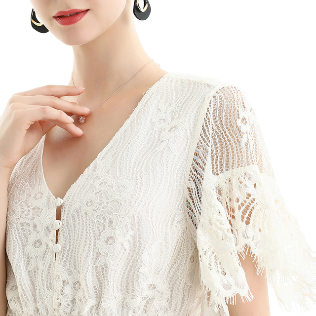 T064-1 Women floral lace V neck short sleeve elasticated hem cropped tops