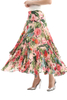S069-2 Women Floral print panelled asymmetric pleated ruffle long flare skirt