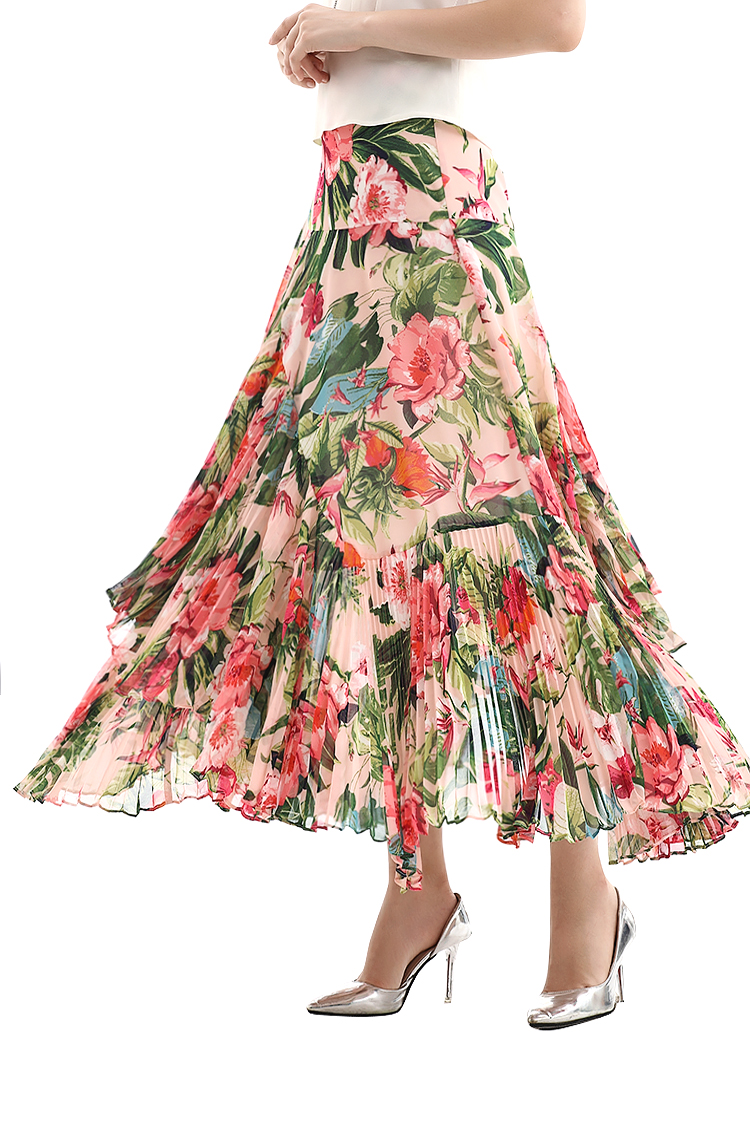 S069-2 Women Floral print panelled asymmetric pleated ruffle long flare skirt