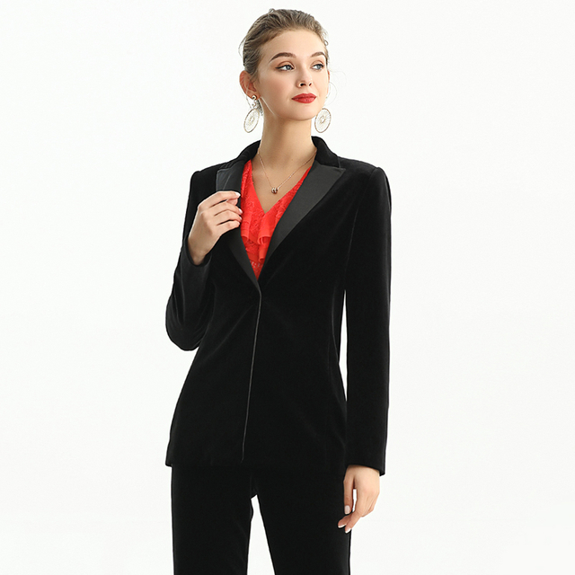 J155-5 Women Velvet combo satin notched lapel long sleeves tailored-cut single-breasted blazer
