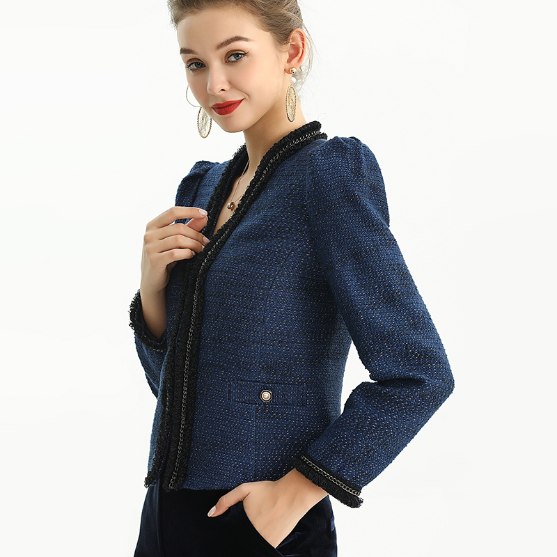 J189 Women Tweed jacket V-neck Puff sleeve chain trimmed short jacket
