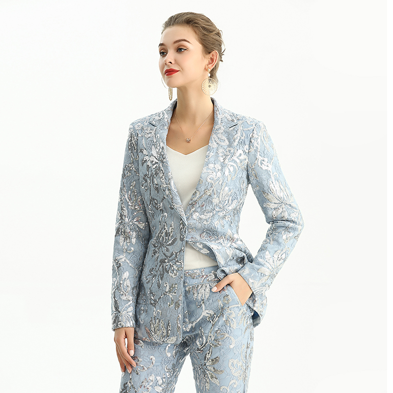 J180-1 Women Sequin embellished floral lace notched lapel tailored-cut evening blazer