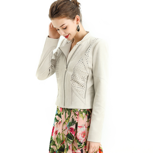 J092 Women faux suede panel perforated biker jacket