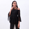 T121 Women Floral eyelash lace Swiss-dot combo long sleeves cold shoulder party peplum Blouse
