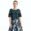 T122-1 Women 2-tone floral lace boat neck ruffled short sleeves blouse
