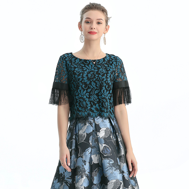 T122-1 Women 2-tone floral lace boat neck ruffled short sleeves blouse