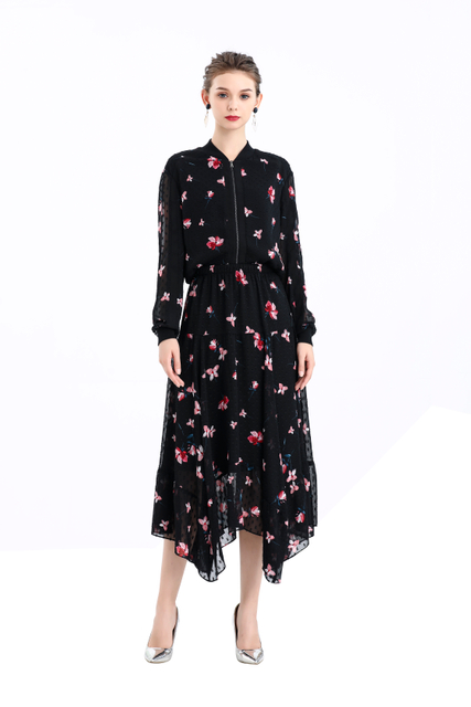 S068-9 Women Print Swiss-dot clipped jacquard asymmetric panelled long flare handkerchief skirt