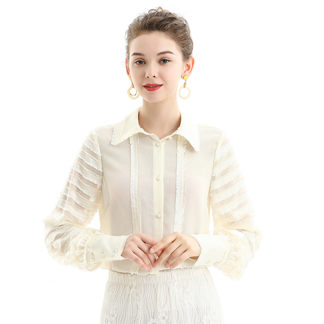 T034 Women Crinkle Polyester shirt collar fringed stripes detailing long sleeves blouse