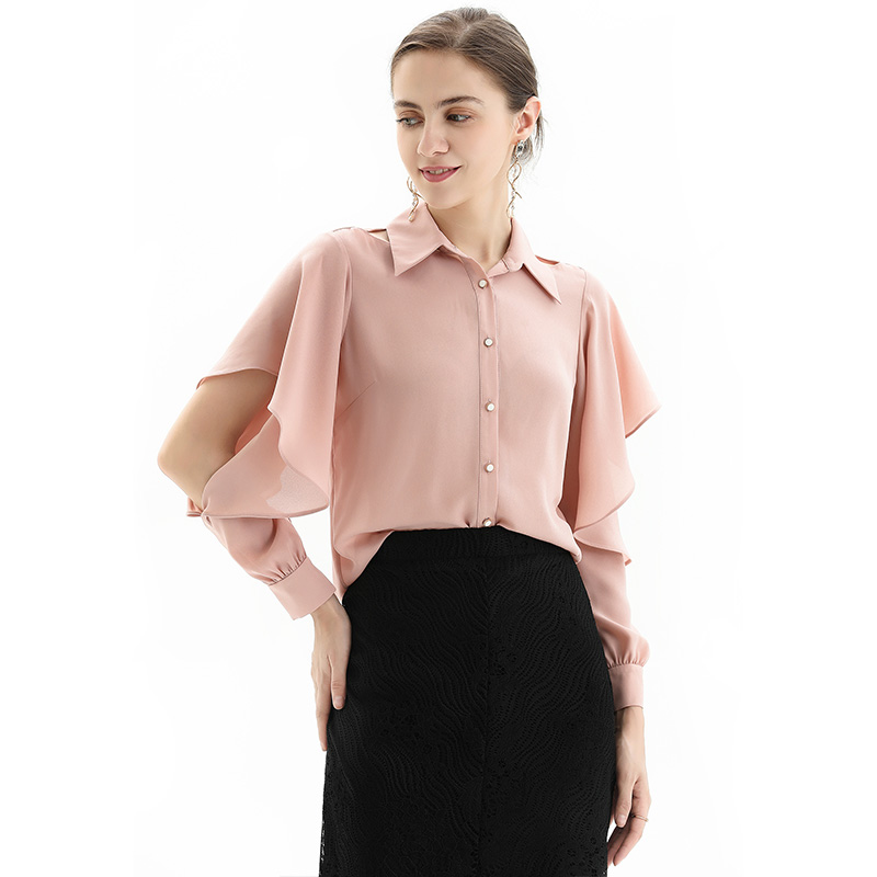 T067 Women Solid shirt collar ruffle cut-out long sleeves career blouse