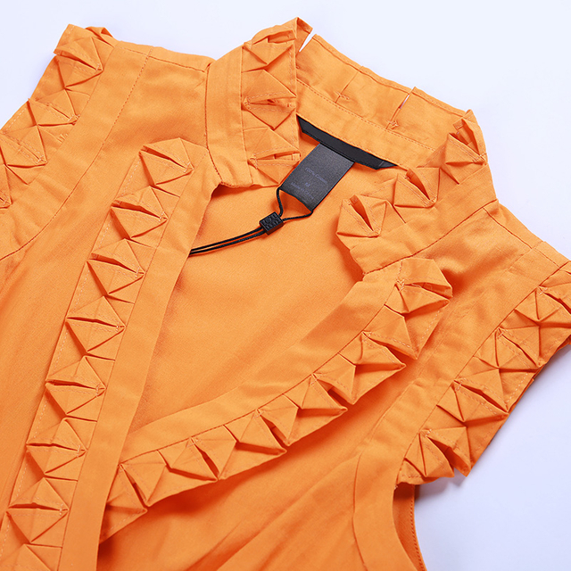 B528 Women Cotton V neck sleeveless ruffle detail straight hem mini dress