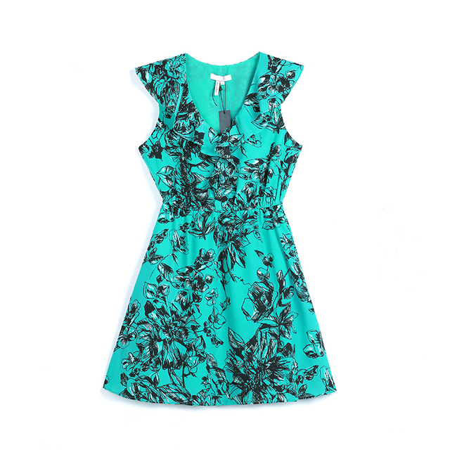I163 Women Floral print ruffle collar sleeveless A-line dress