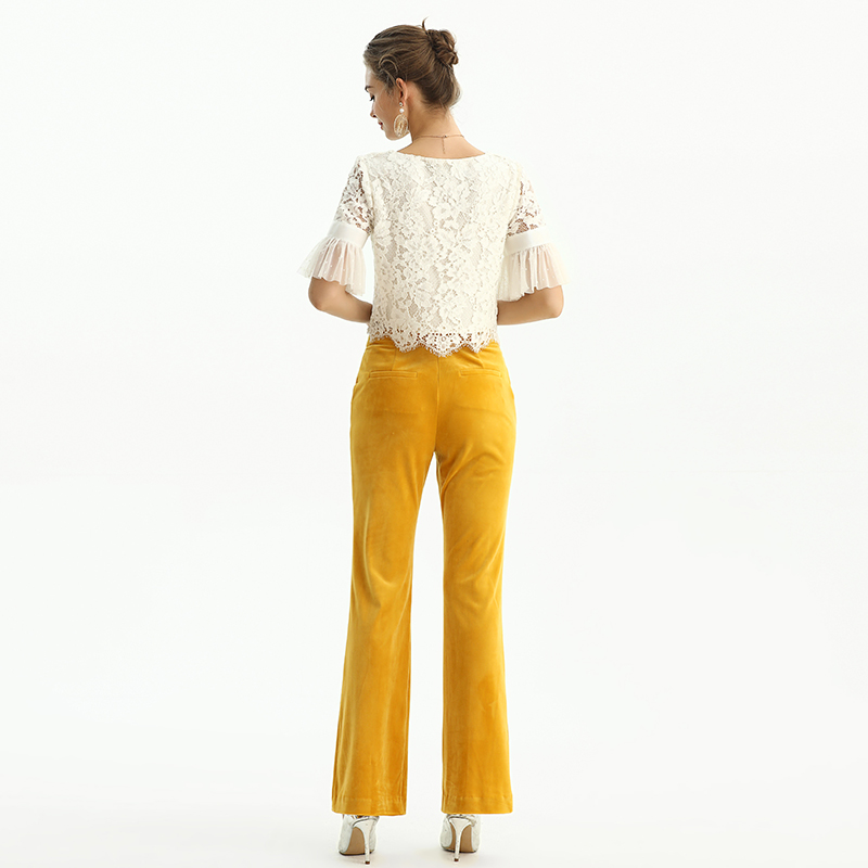 P147 Women stretch velvet mid-rise straight leg tailored trousers