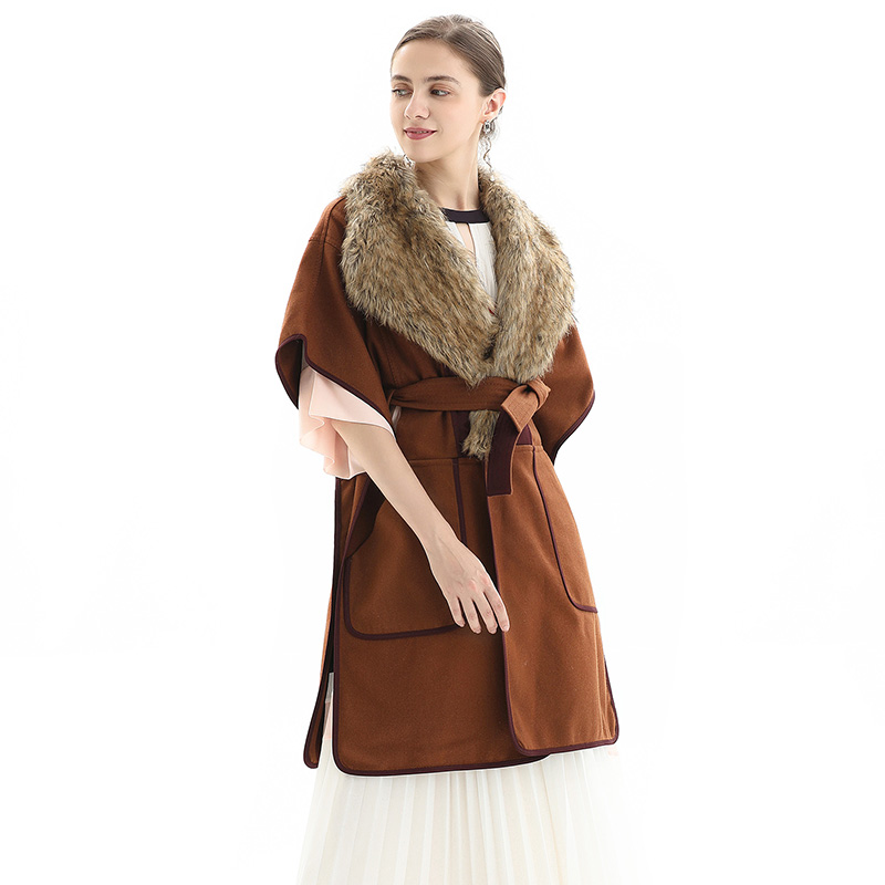C118 Women Wool combo faux leather trim faux fur collar belted cape coat