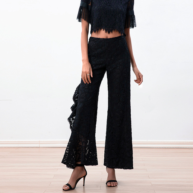 P219-1 Women Black floral lace asymmetric cascading ruffles party pants