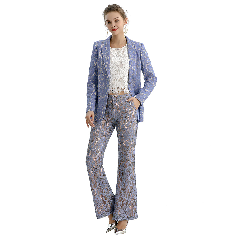 P164 Women Floral lace mid-rise boot-cut tailored evening trousers