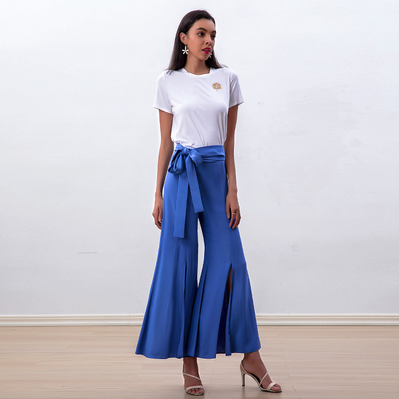 P232 Women Solid high-waisted belted front slit flare leg cropped pants