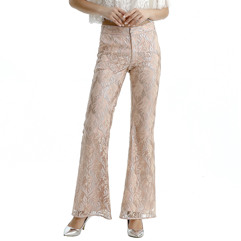P164-4 Women Embroidered sequinned tulle mid-rise boot-cut tailored evening trousers