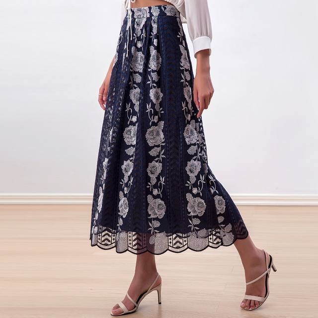 S127-1 Women Roses embroidered mesh scallop hem A-line midi skirt