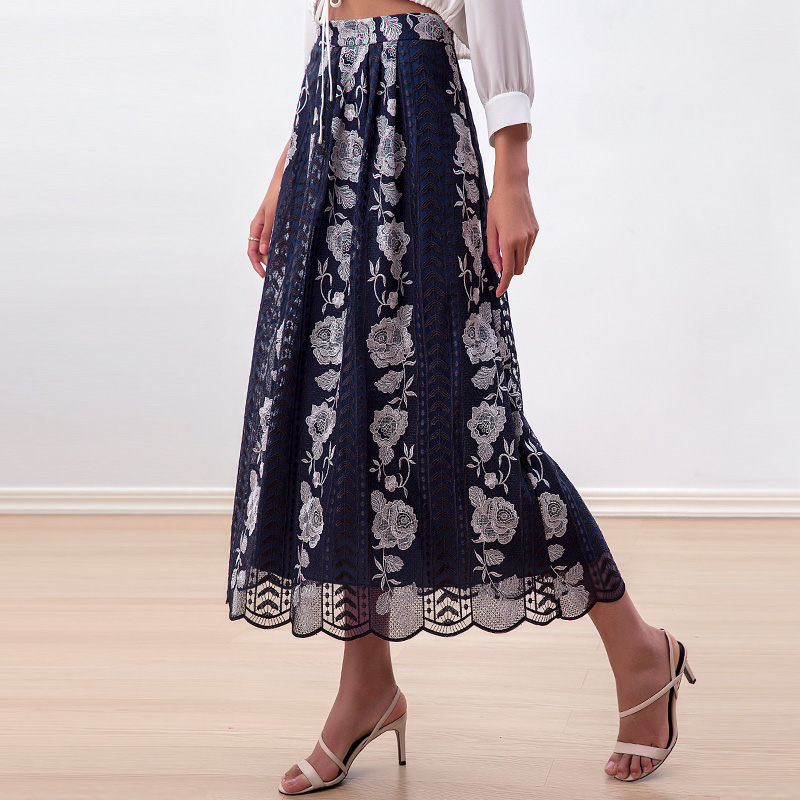 S127-1 Women Roses embroidered mesh scallop hem A-line midi skirt