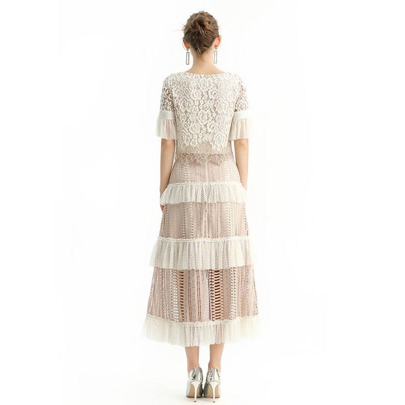 S149 Women Macramé lace-panel design Swiss dot tiered ruffle long skirt