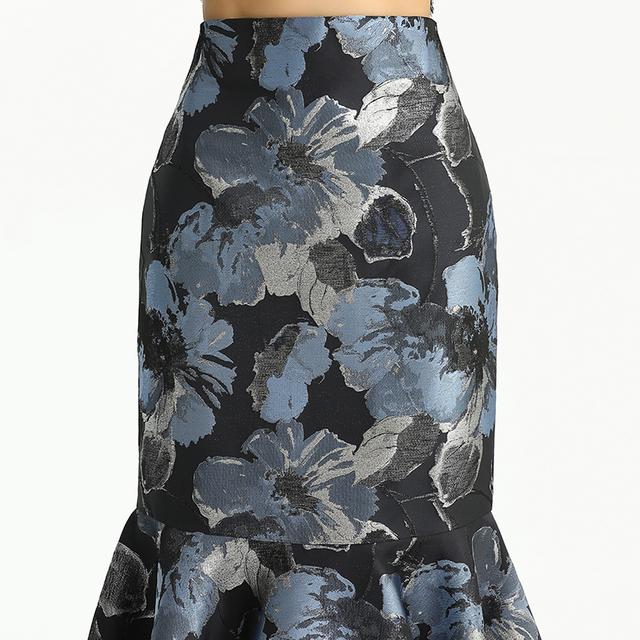 S168 Women Metallic floral jacquard trumpet ruffle hem mermaid midi skirt