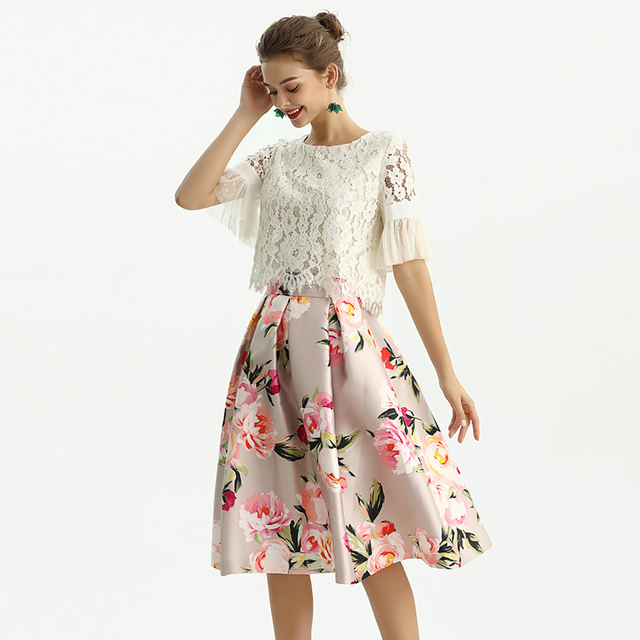 S137 Women Floral print inverted pleat A-line midi skirt