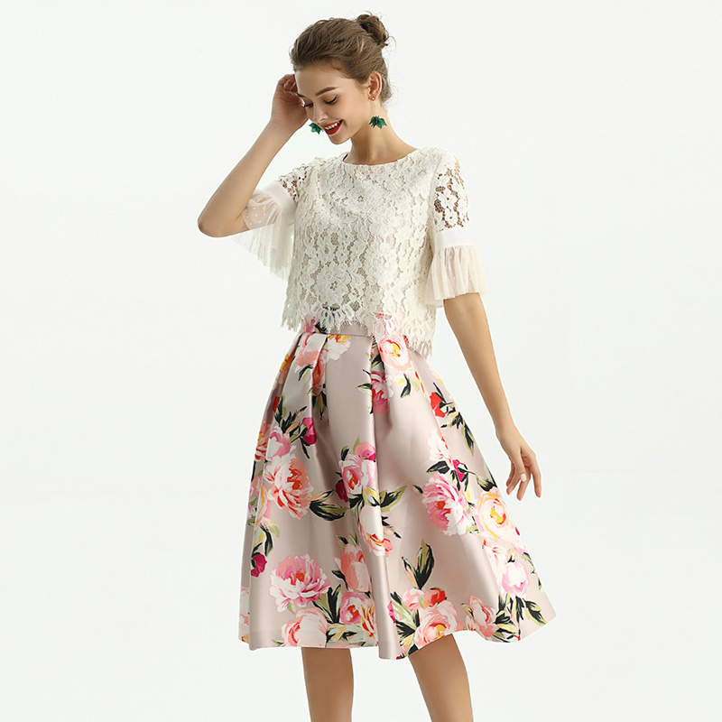 S137 Women Floral print inverted pleat A-line midi skirt