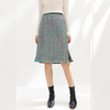 C153 Women Tweed plaid fringed hem A-line midi skirt