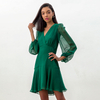 D272 Women Silk crinkle chiffon long puff sleeves flounced mini dress