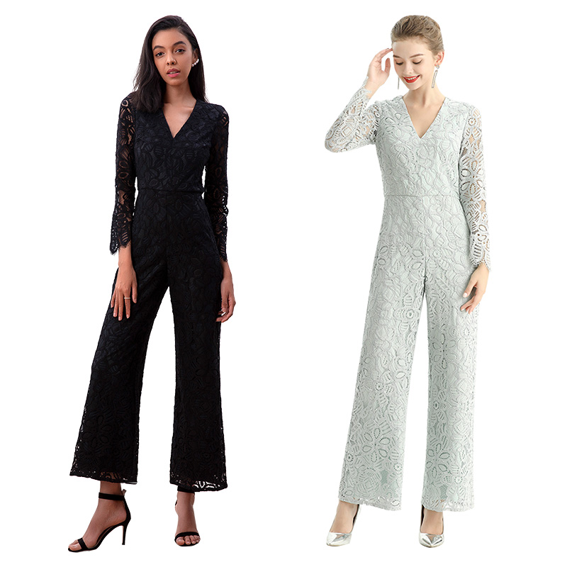R172-1 Women All-over lace V-neck long sleeve party jumpsuit 