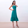 D261-2 Women Solid strappy tiered ruffle flared midi party dress